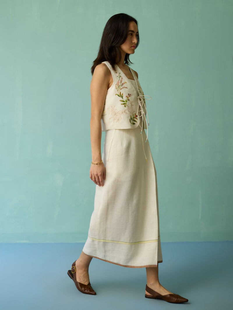 Eon Hand-Embroidered Floral Vest Co-ord Set - Ivory linen co-ord set by Manan in ivory for women Worldwide