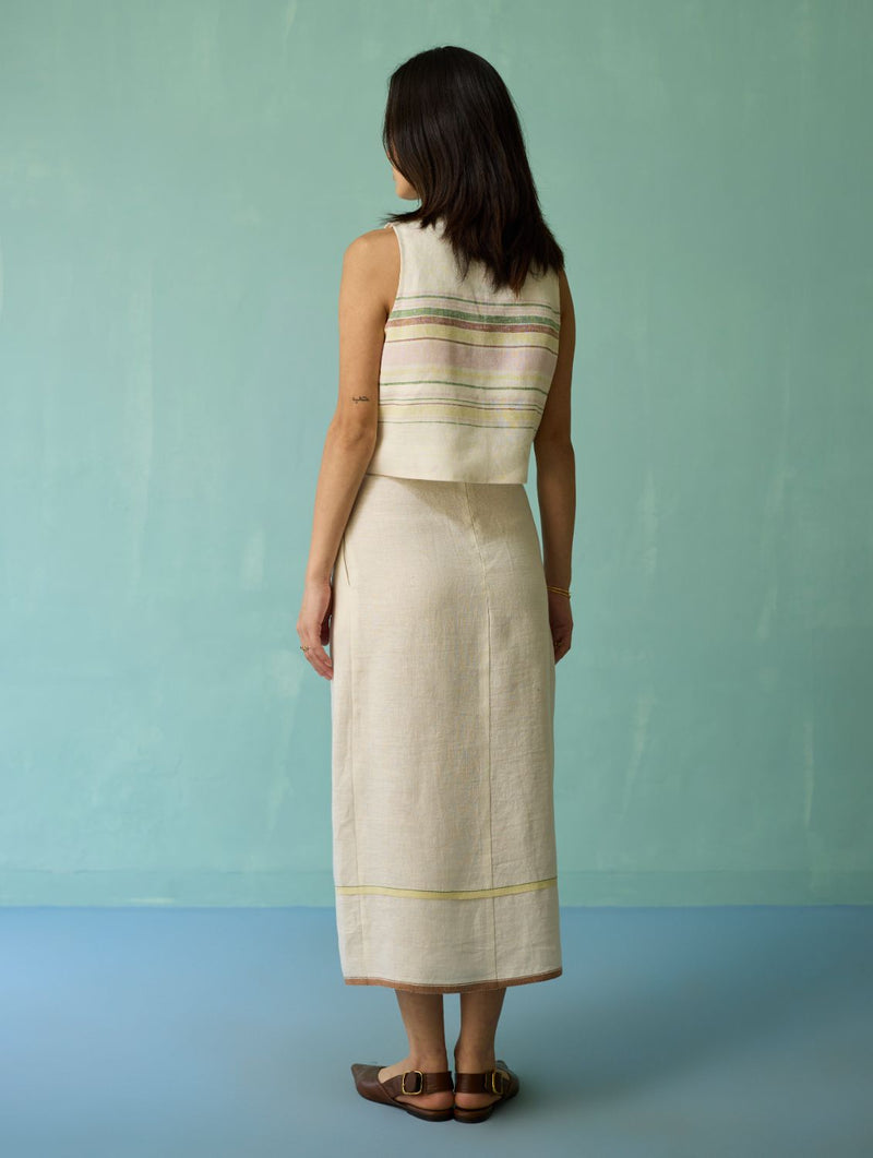 Eon Hand-Embroidered Floral Vest Co-ord Set - Ivory linen co-ord set by Manan in ivory for women Worldwide