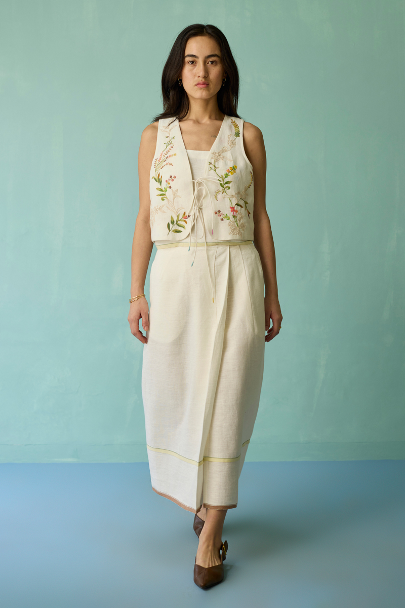 Eon Hand-Embroidered Floral Vest Co-ord Set - Ivory linen co-ord set by Manan in ivory for women Worldwide