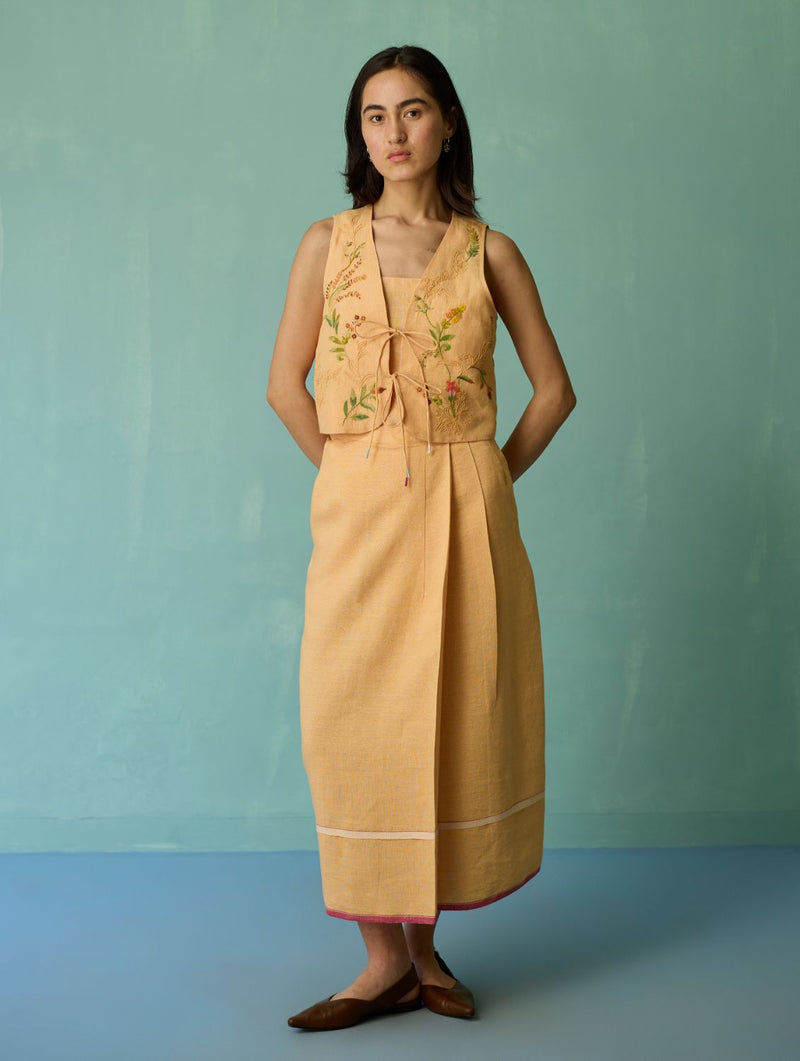 Eon Hand-Embroidered Floral Vest Co-ord Set - Apricot linen co-ord set by Manan in apricot for women Worldwide