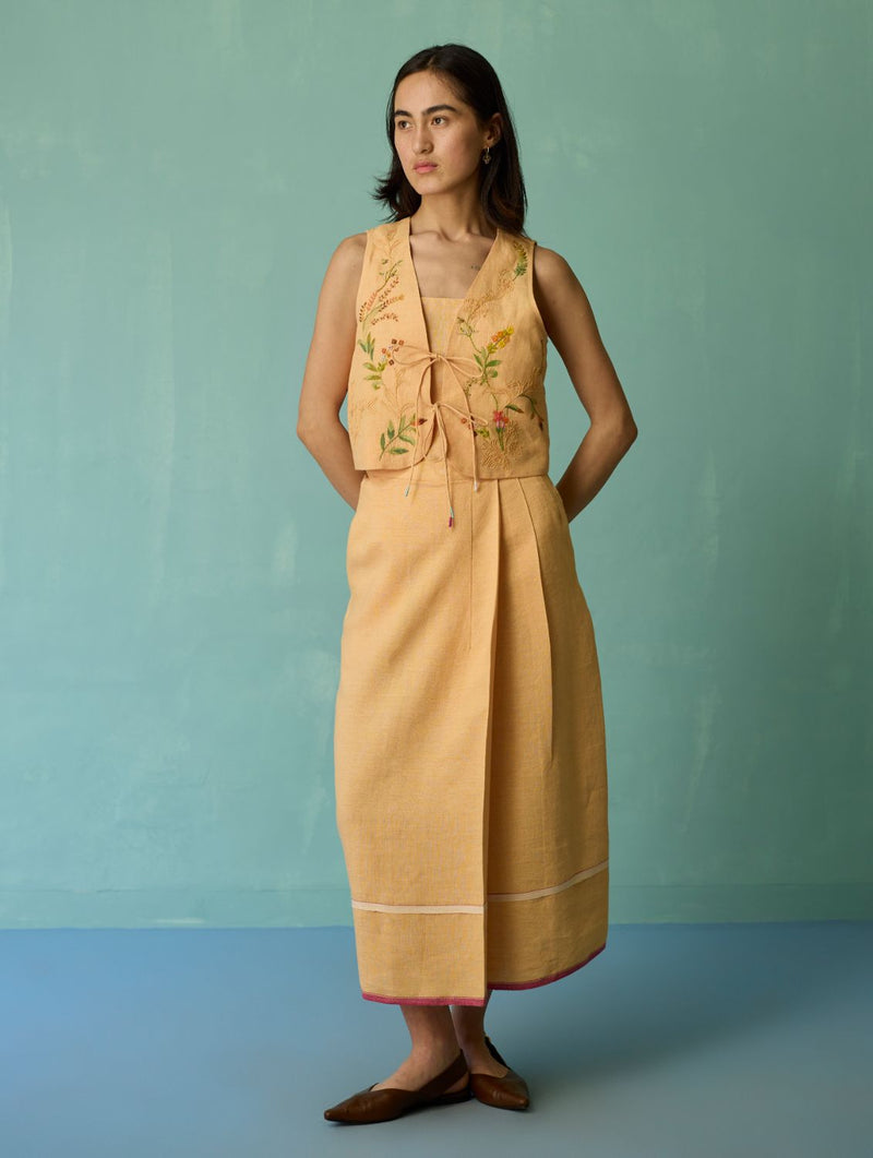 Eon Hand-Embroidered Floral Vest Co-ord Set - Apricot linen co-ord set by Manan in apricot for women Worldwide