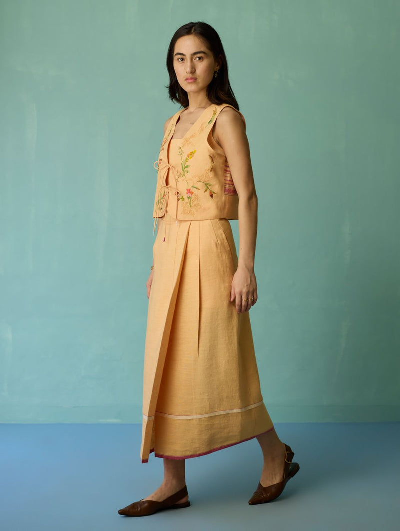 Eon Hand-Embroidered Floral Vest Co-ord Set - Apricot linen co-ord set by Manan in apricot for women Worldwide
