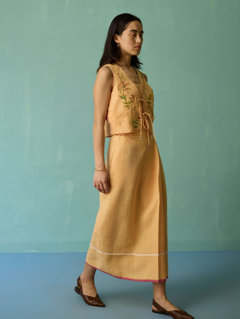 Eon Hand-Embroidered Floral Vest Co-ord Set - Apricot linen co-ord set by Manan in apricot for women Worldwide