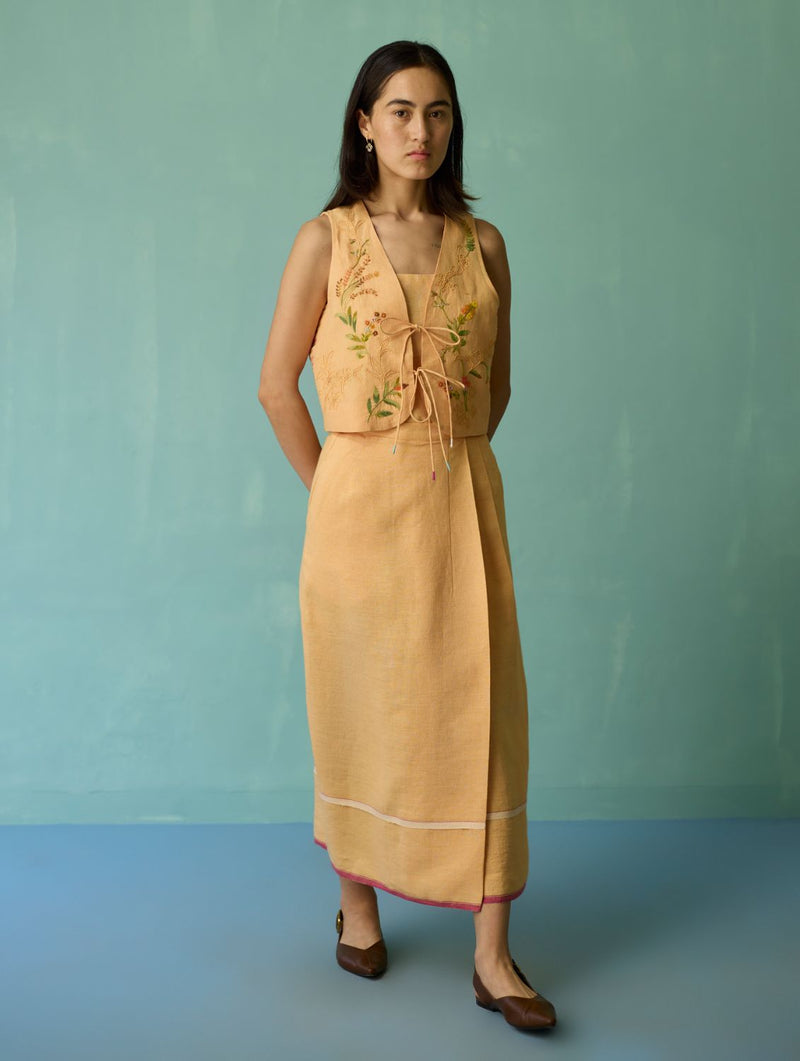 Eon Hand-Embroidered Floral Vest Co-ord Set - Apricot linen co-ord set by Manan in apricot for women Worldwide