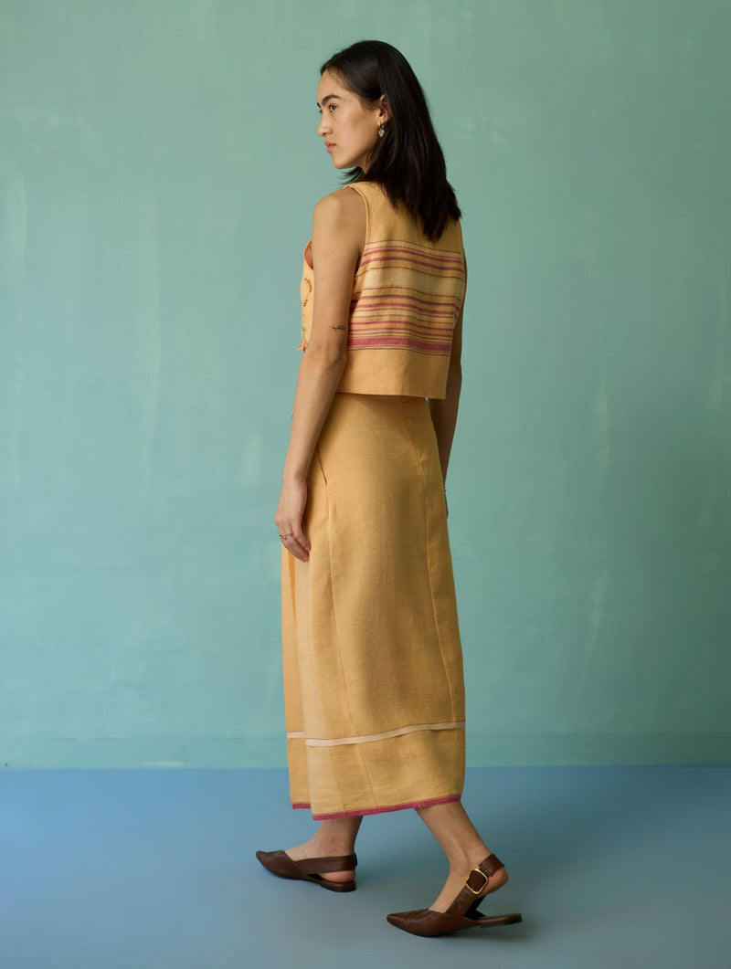 Eon Hand-Embroidered Floral Vest Co-ord Set - Apricot linen co-ord set by Manan in apricot for women Worldwide