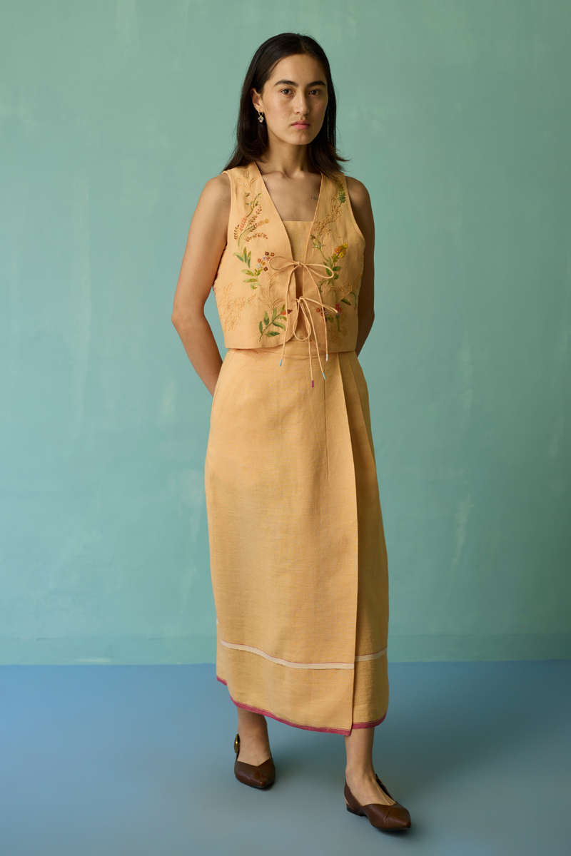 Eon Hand-Embroidered Floral Vest Co-ord Set - Apricot linen co-ord set by Manan in apricot for women Worldwide