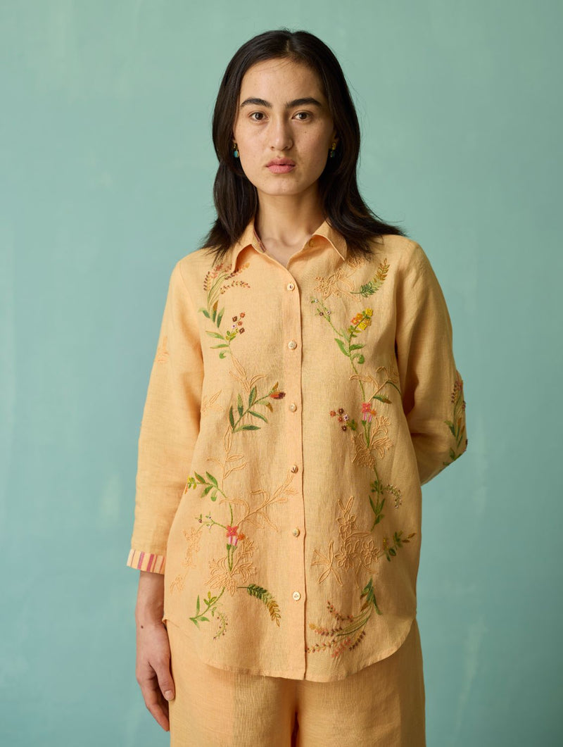 Kima Hand-Embroidered Floral Co-ord Set - Apricot linen co-ord set by Manan in apricot for women Worldwide