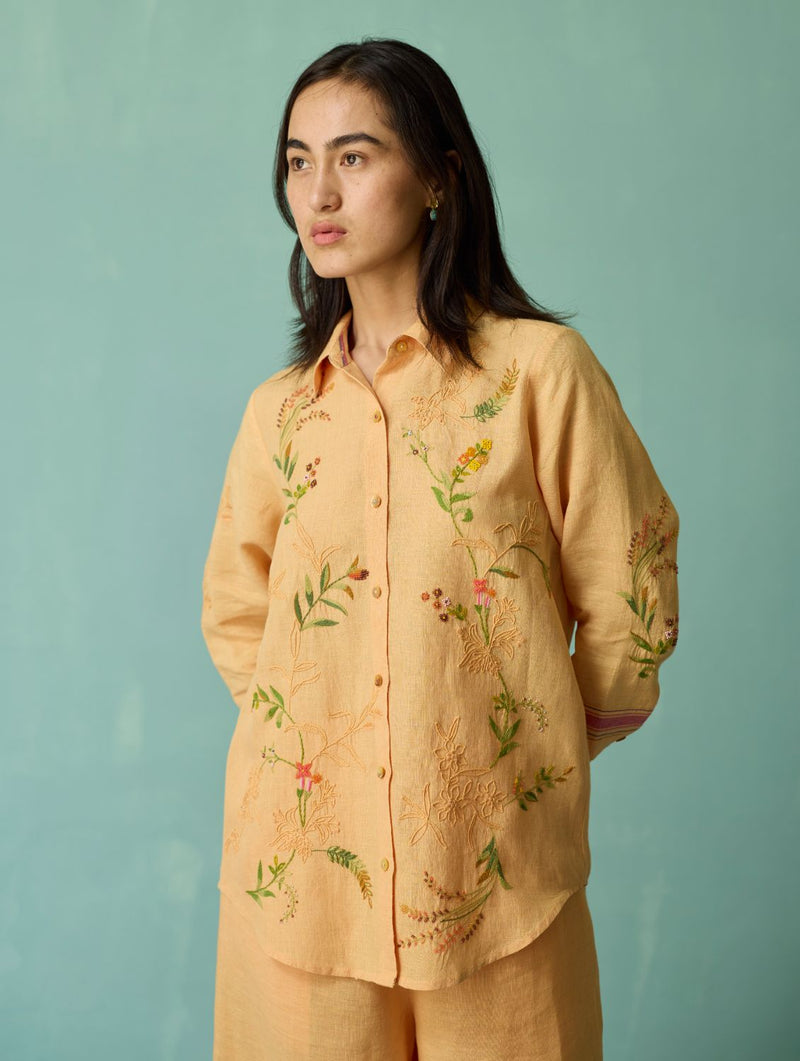 Kima Hand-Embroidered Floral Co-ord Set - Apricot linen co-ord set by Manan in apricot for women Worldwide