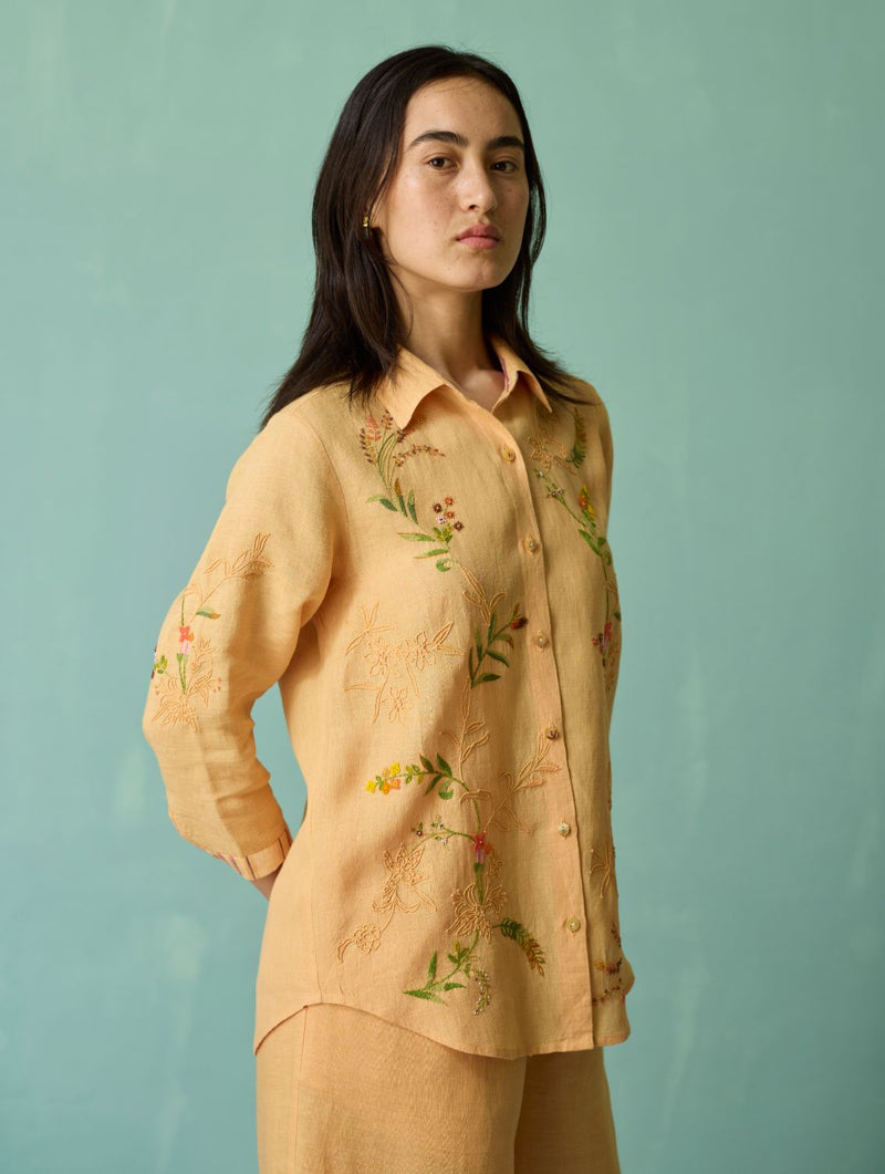 Kima Hand-Embroidered Floral Co-ord Set - Apricot linen co-ord set by Manan in apricot for women Worldwide