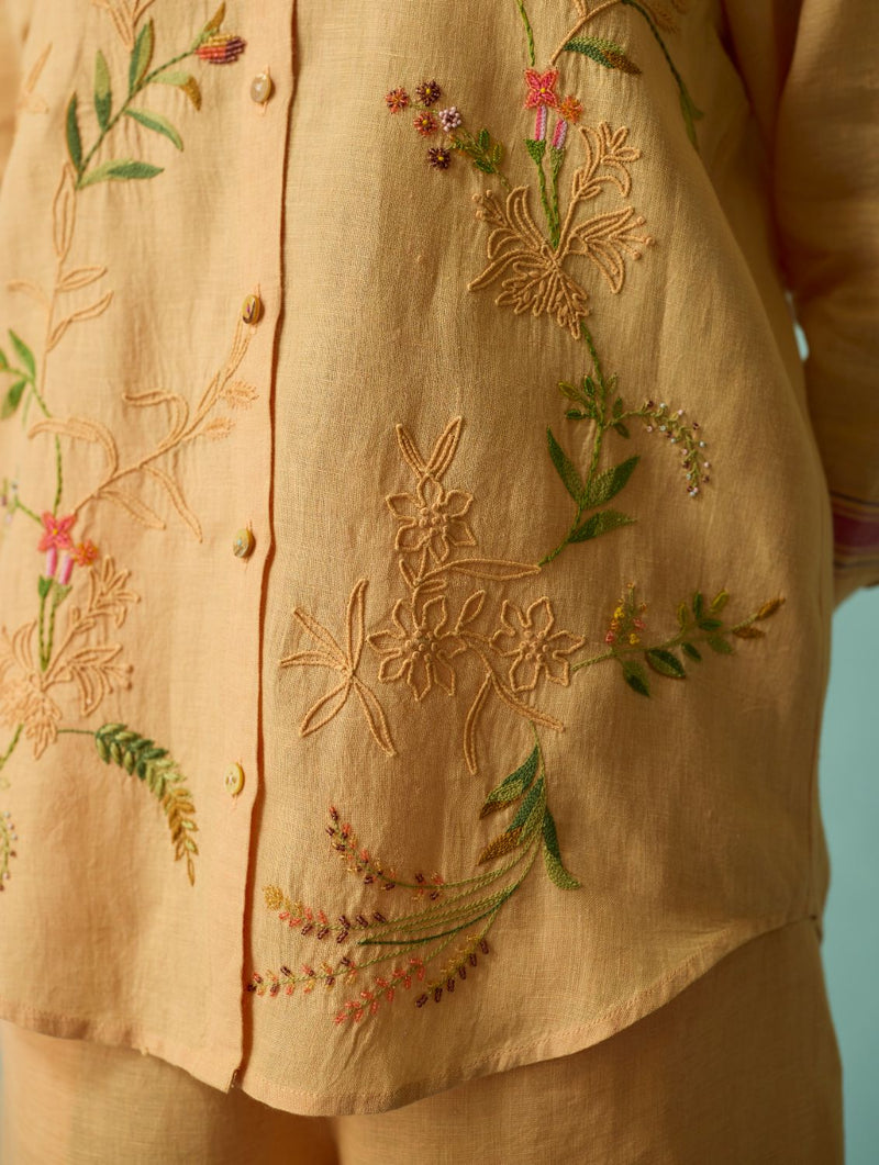Kima Hand-Embroidered Floral Co-ord Set - Apricot linen co-ord set by Manan in apricot for women Worldwide