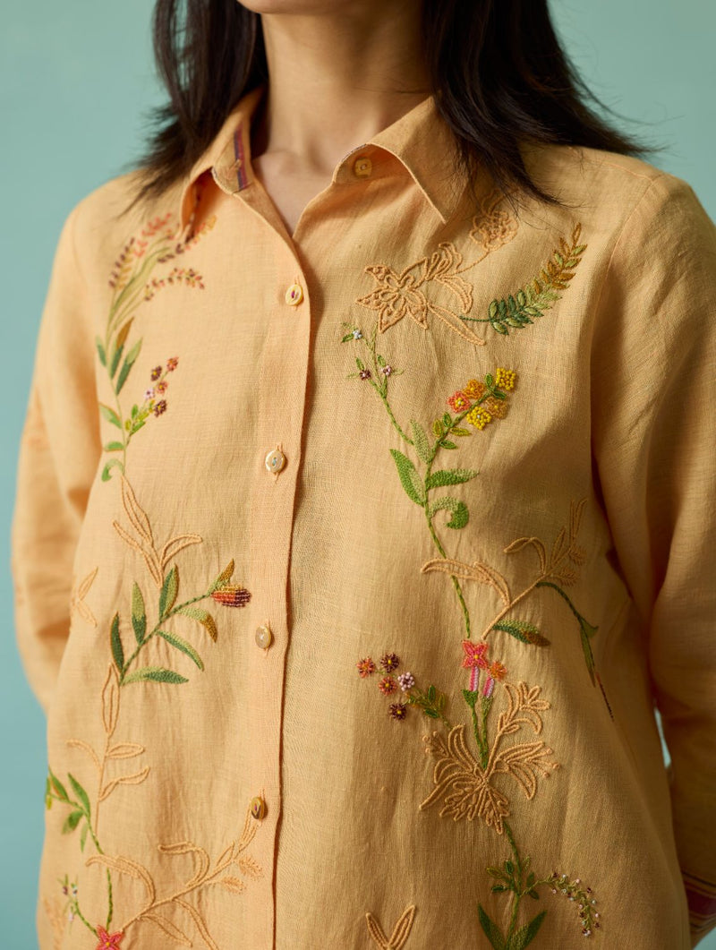 Kima Hand-Embroidered Floral Co-ord Set - Apricot linen co-ord set by Manan in apricot for women Worldwide