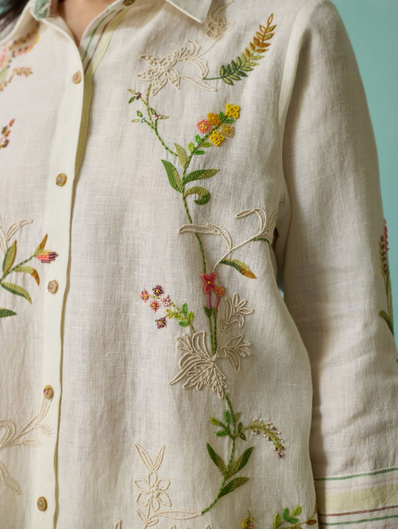 Kima Hand-Embroidered Floral Co-ord Set - Ivory linen co-ord set by Manan in ivory for women Worldwide