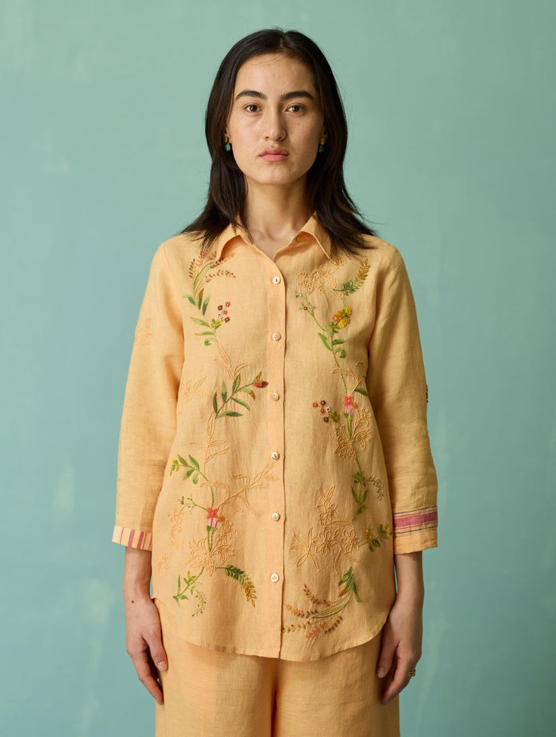 Kima Hand-Embroidered Floral Co-ord Set - Apricot linen co-ord set by Manan in apricot for women Worldwide
