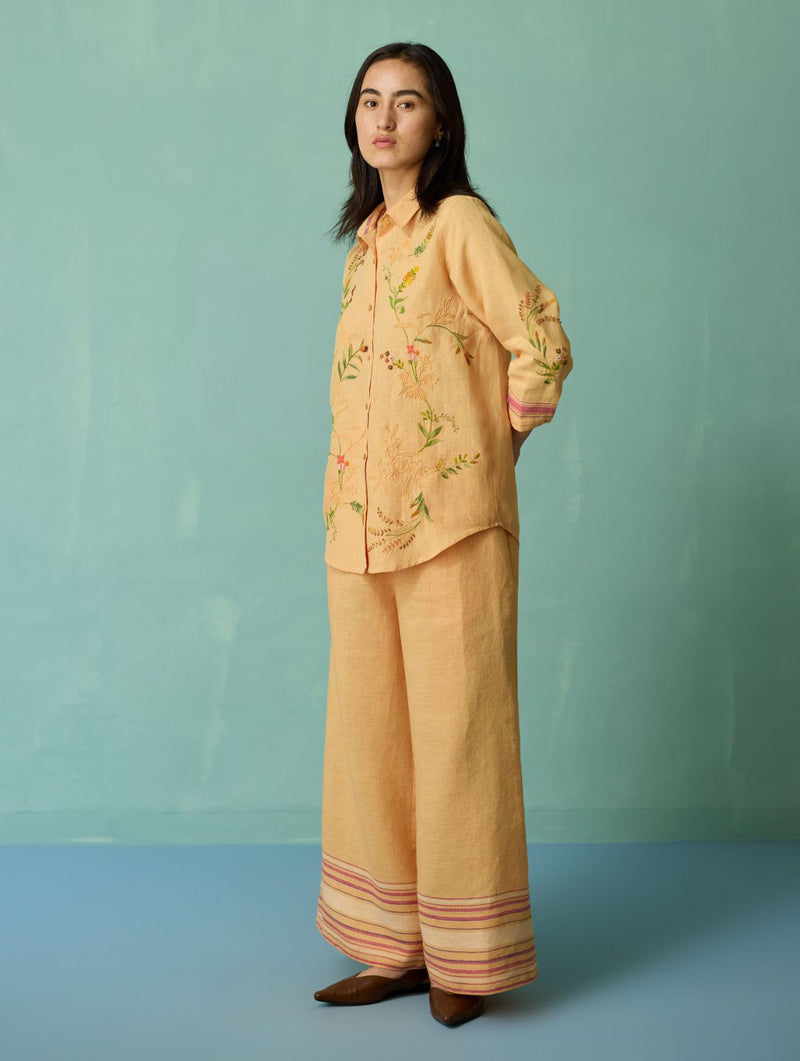 Kima Hand-Embroidered Floral Co-ord Set - Apricot linen co-ord set by Manan in apricot for women Worldwide