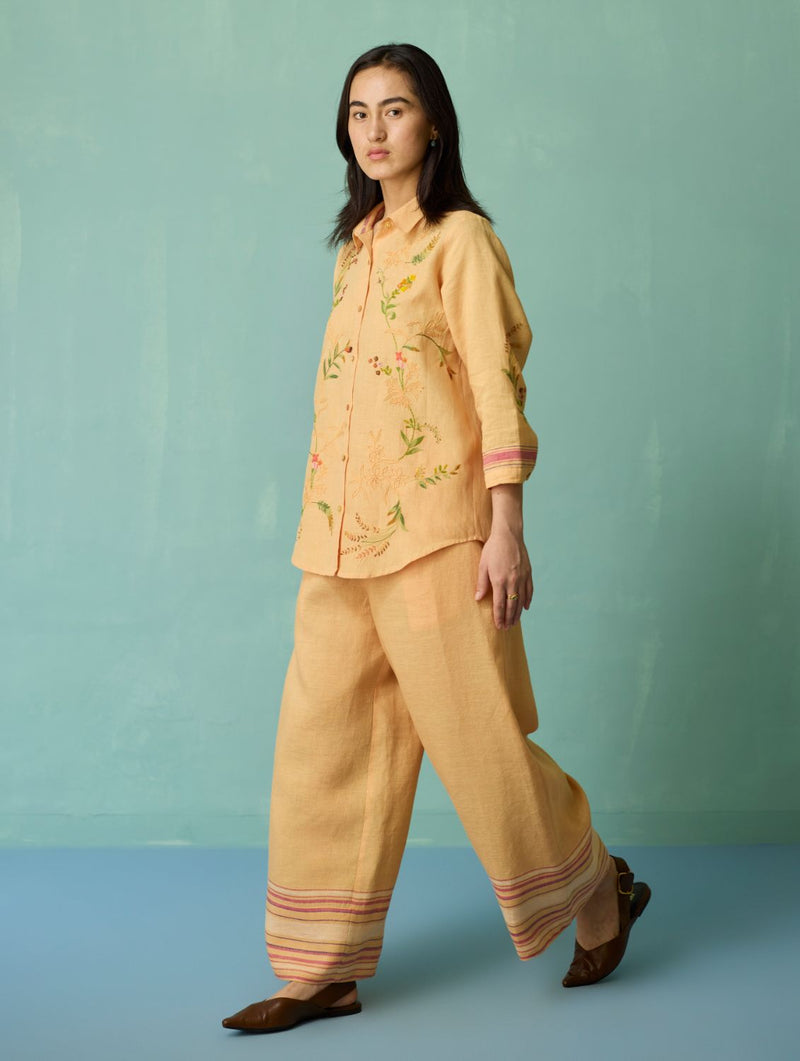 Kima Hand-Embroidered Floral Co-ord Set - Apricot linen co-ord set by Manan in apricot for women Worldwide