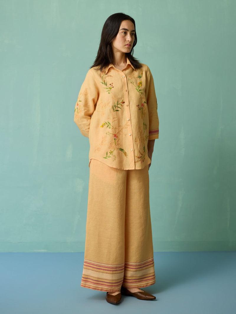 Kima Hand-Embroidered Floral Co-ord Set - Apricot linen co-ord set by Manan in apricot for women Worldwide