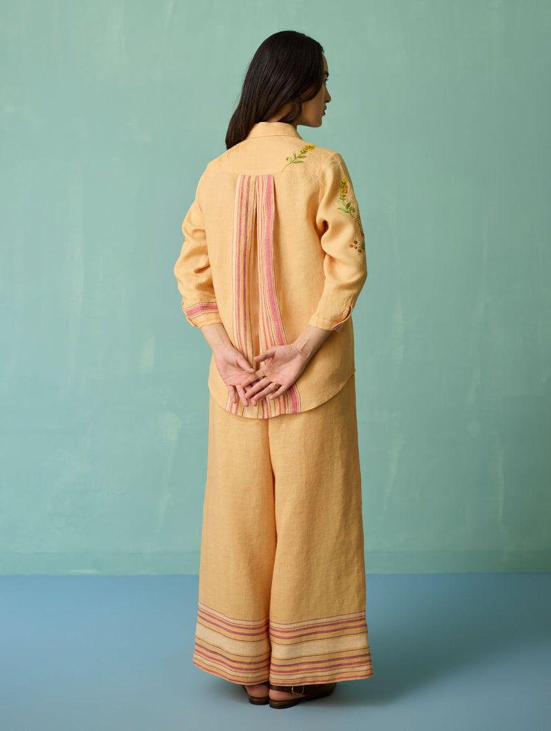 Kima Hand-Embroidered Floral Co-ord Set - Apricot linen co-ord set by Manan in apricot for women Worldwide