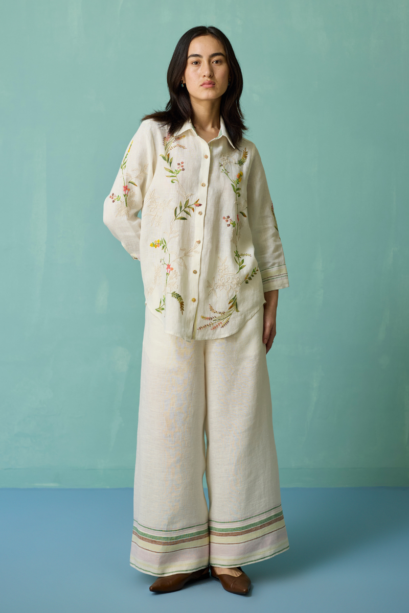 Kima Hand-Embroidered Floral Co-ord Set - Ivory linen co-ord set by Manan in ivory for women Worldwide