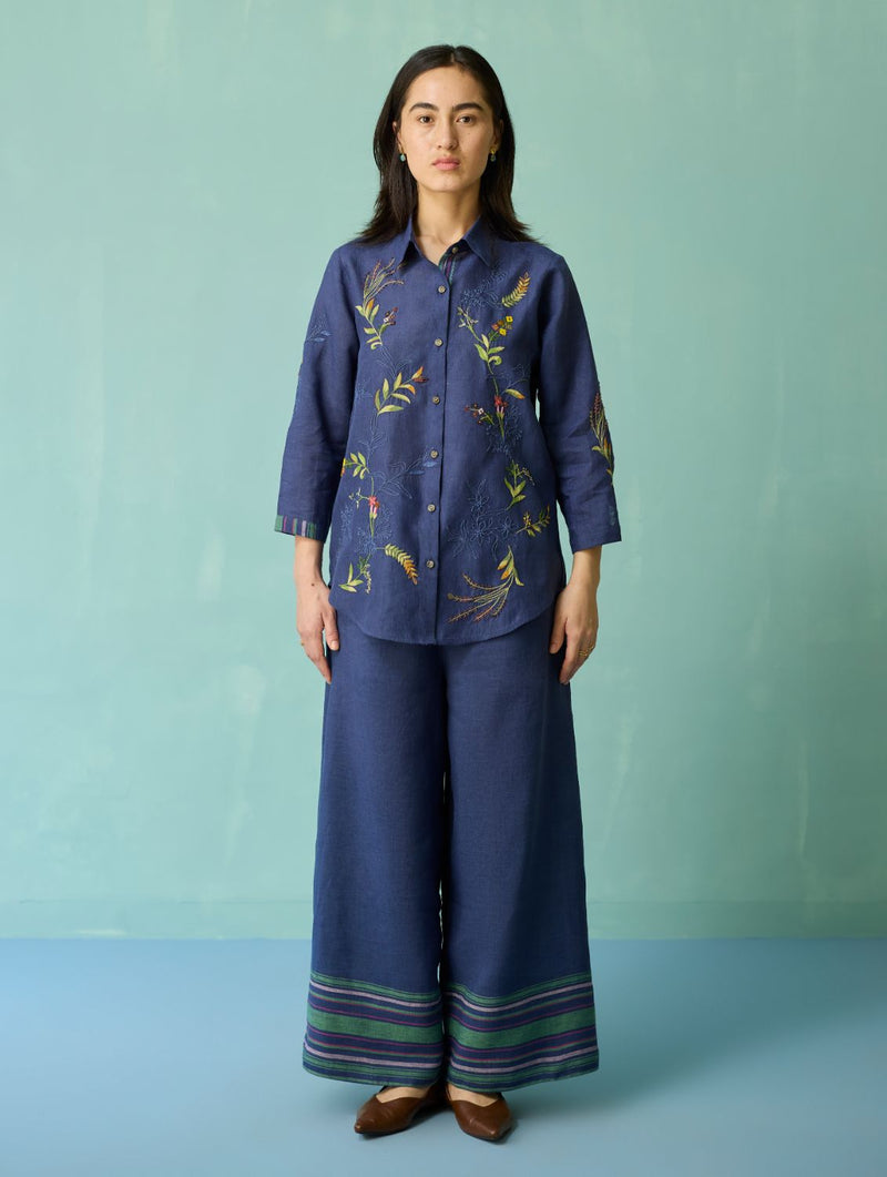 Kima Hand-Embroidered Floral Co-ord Set - Indigo linen co-ord set by Manan in navy for women Worldwide