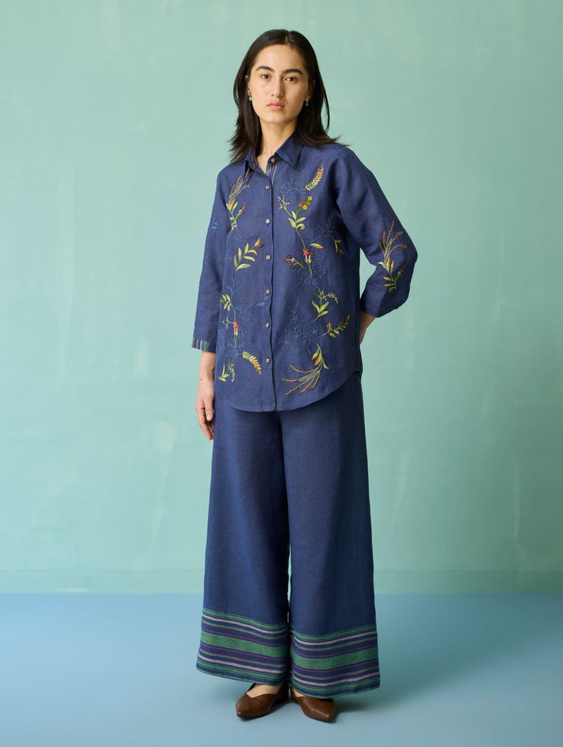 Kima Hand-Embroidered Floral Co-ord Set - Indigo linen co-ord set by Manan in navy for women Worldwide