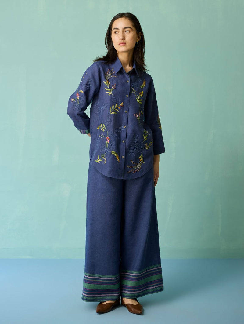 Kima Hand-Embroidered Floral Co-ord Set - Indigo linen co-ord set by Manan in navy for women Worldwide