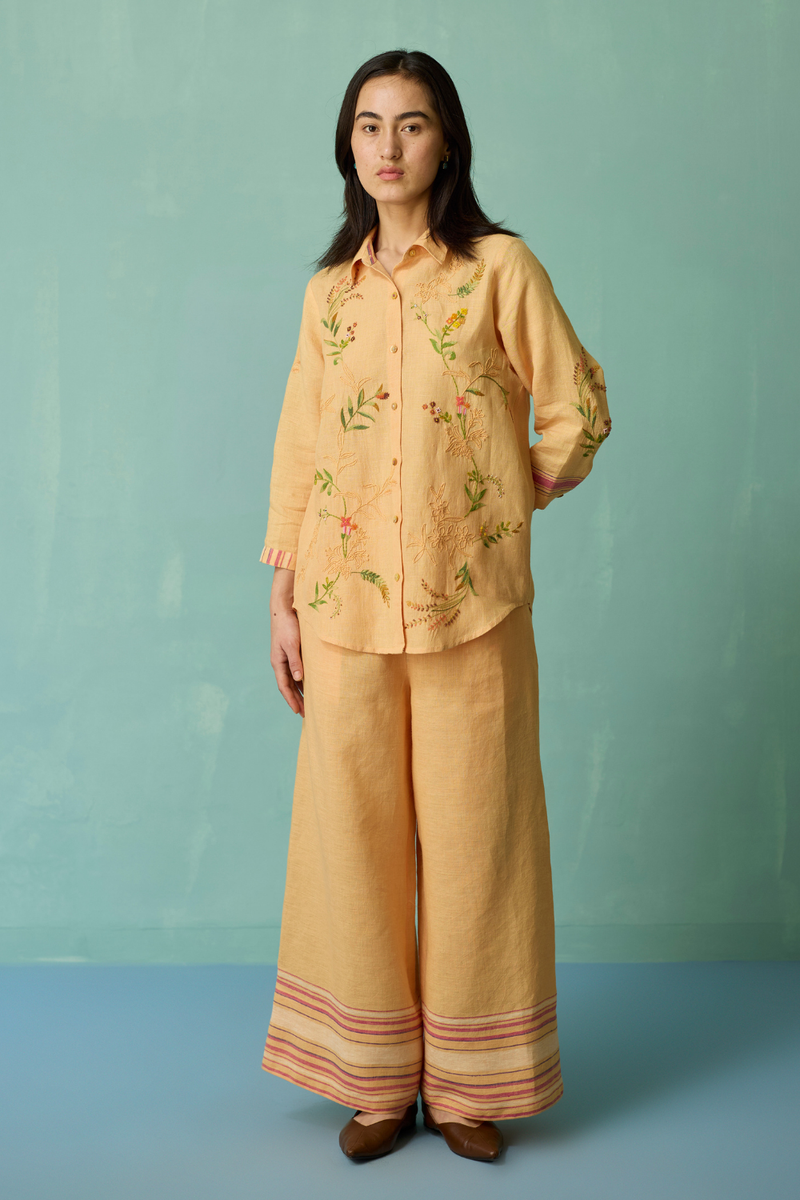 Kima Hand-Embroidered Floral Co-ord Set - Apricot linen co-ord set by Manan in apricot for women Worldwide