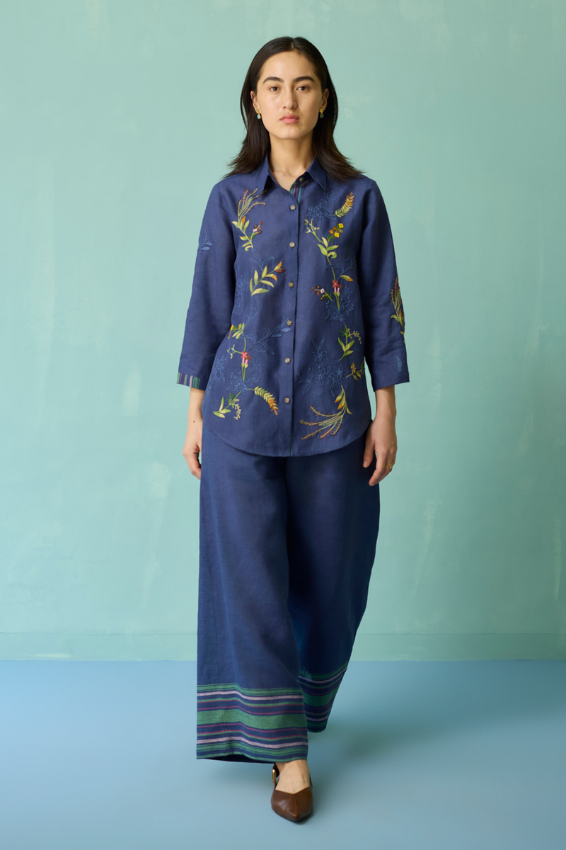 Kima Hand-Embroidered Floral Co-ord Set - Indigo linen co-ord set by Manan in navy for women Worldwide