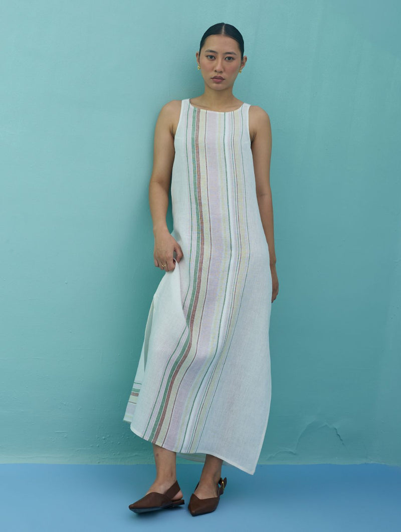 Beli Sleeveless Border Linen Dress with Overlay - Ivory linen dress by Manan in ivory for women Worldwide