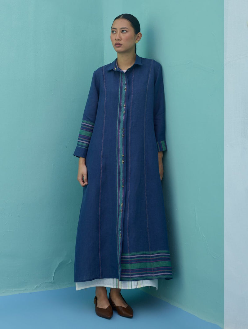 Beli Sleeveless Border Linen Dress with Overlay - Ivory linen dress by Manan in ivory for women Worldwide