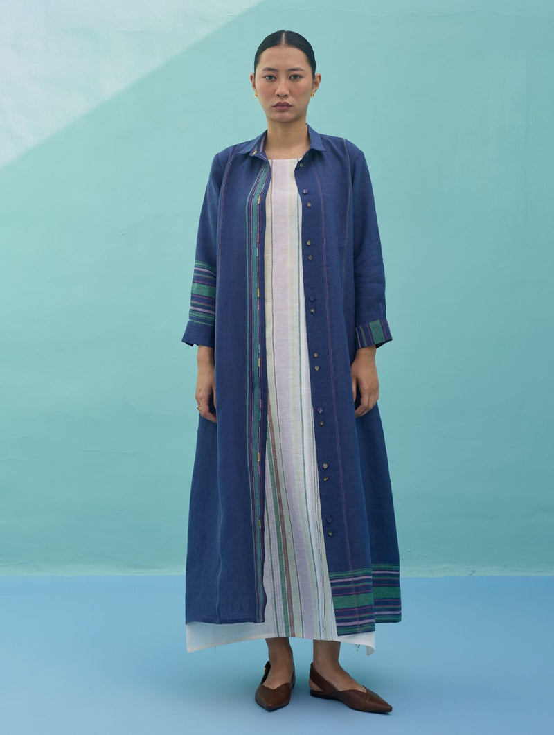 Beli Sleeveless Border Linen Dress with Overlay - Ivory linen dress by Manan in ivory for women Worldwide