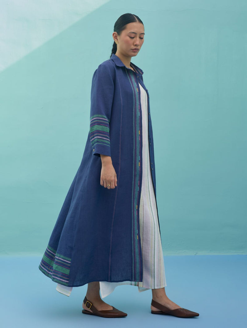 Beli Sleeveless Border Linen Dress with Overlay - Ivory linen dress by Manan in ivory for women Worldwide