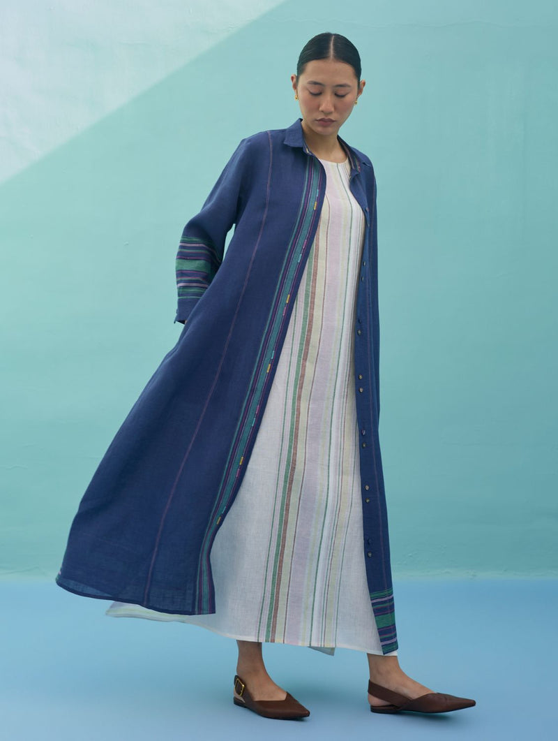 Beli Sleeveless Border Linen Dress with Overlay - Ivory linen dress by Manan in ivory for women Worldwide