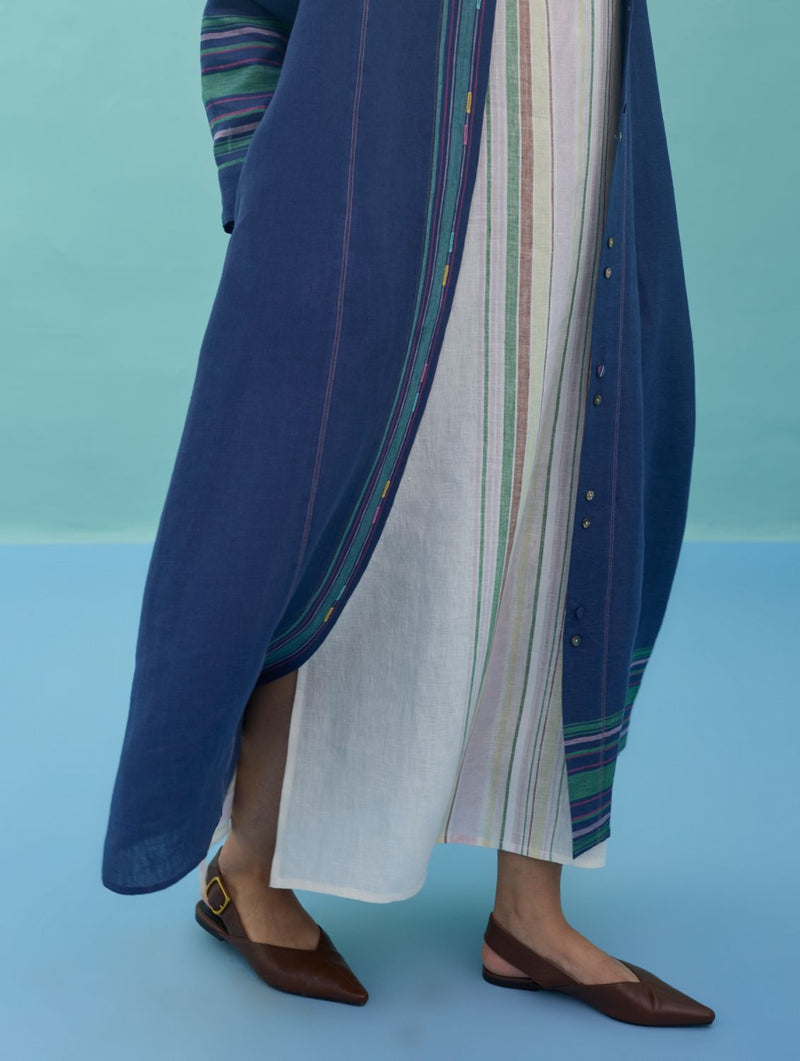 Beli Sleeveless Border Linen Dress with Overlay - Ivory linen dress by Manan in ivory for women Worldwide