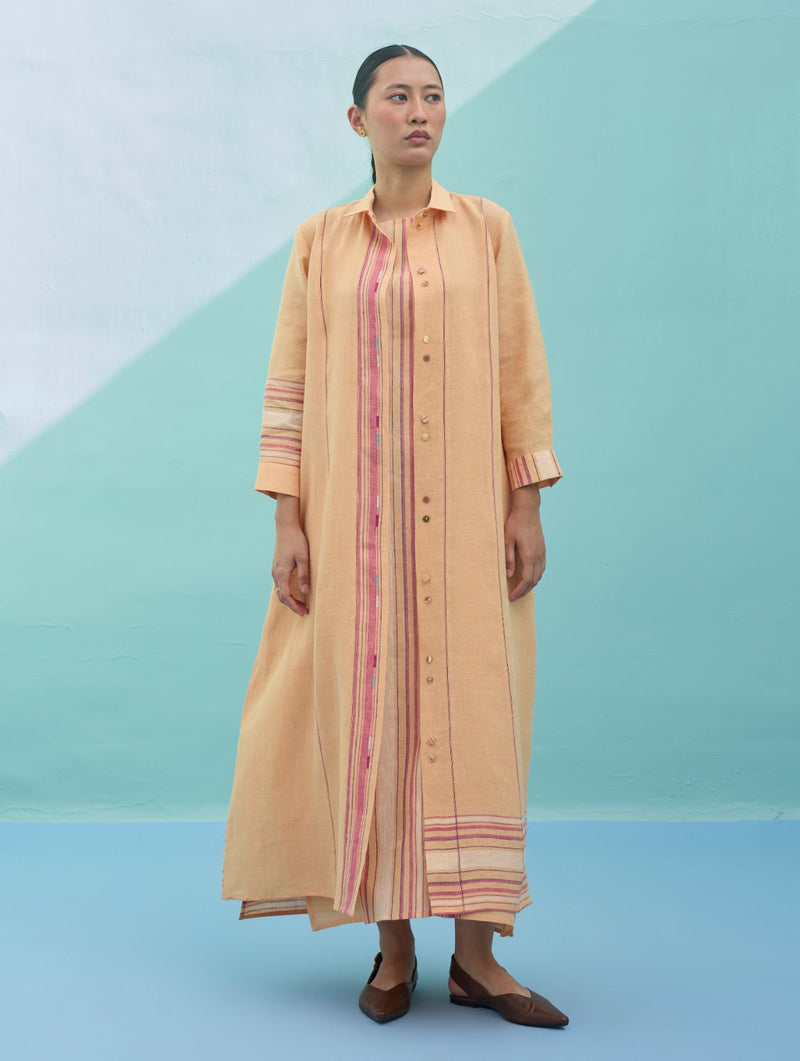 Beli Sleeveless Border Linen Dress with Overlay - Apricot linen dress by Manan in apricot for women Worldwide