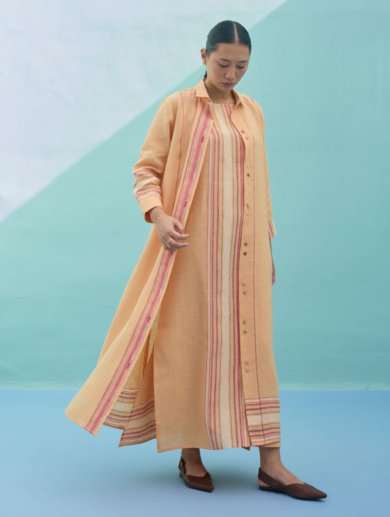 Beli Sleeveless Border Linen Dress with Overlay - Apricot linen dress by Manan in apricot for women Worldwide