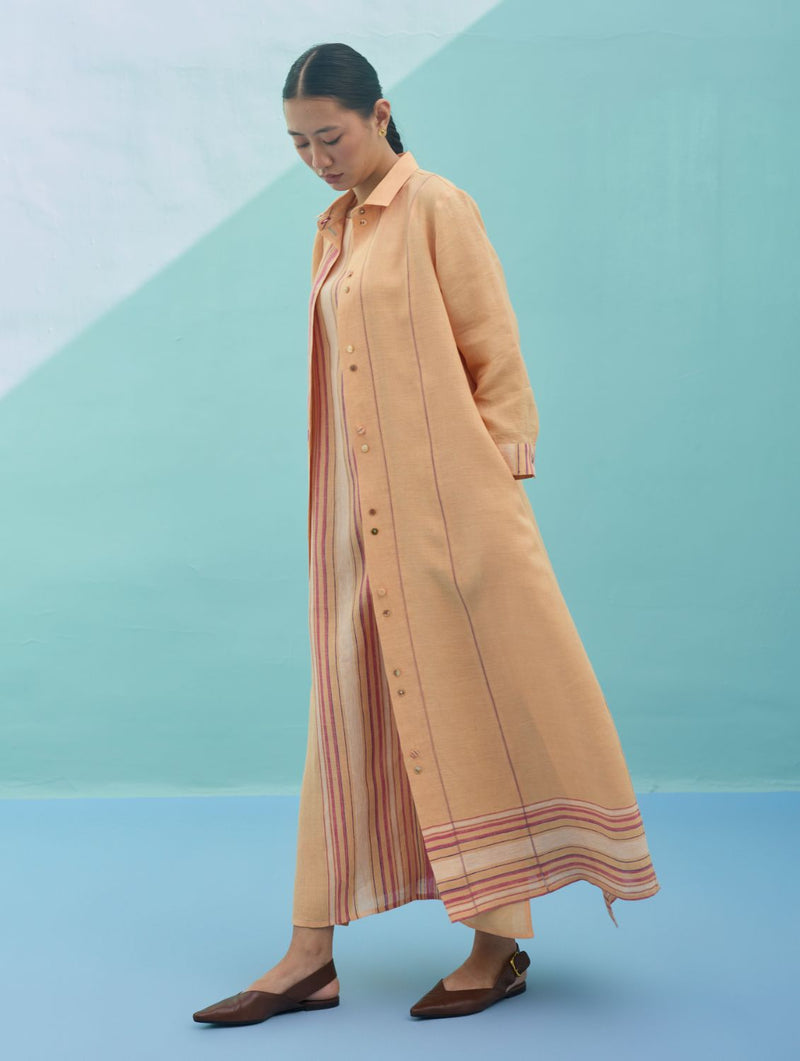 Beli Sleeveless Border Linen Dress with Overlay - Apricot linen dress by Manan in apricot for women Worldwide