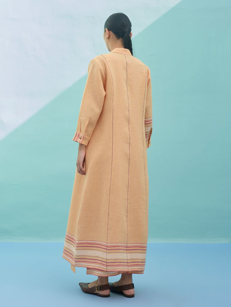 Beli Sleeveless Border Linen Dress with Overlay - Apricot linen dress by Manan in apricot for women Worldwide