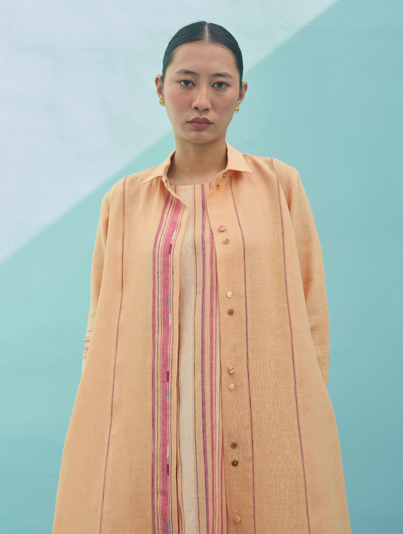 Beli Sleeveless Border Linen Dress with Overlay - Apricot linen dress by Manan in apricot for women Worldwide