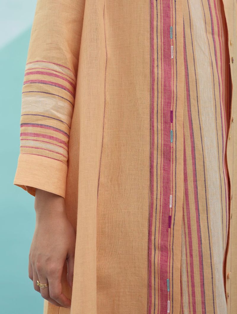 Beli Sleeveless Border Linen Dress with Overlay - Apricot linen dress by Manan in apricot for women Worldwide