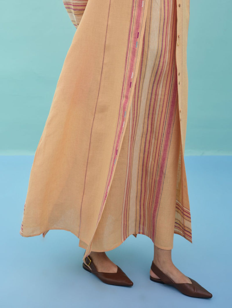 Beli Sleeveless Border Linen Dress with Overlay - Apricot linen dress by Manan in apricot for women Worldwide