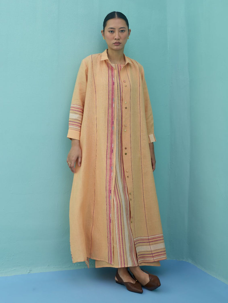 Beli Sleeveless Border Linen Dress with Overlay - Apricot linen dress by Manan in apricot for women Worldwide