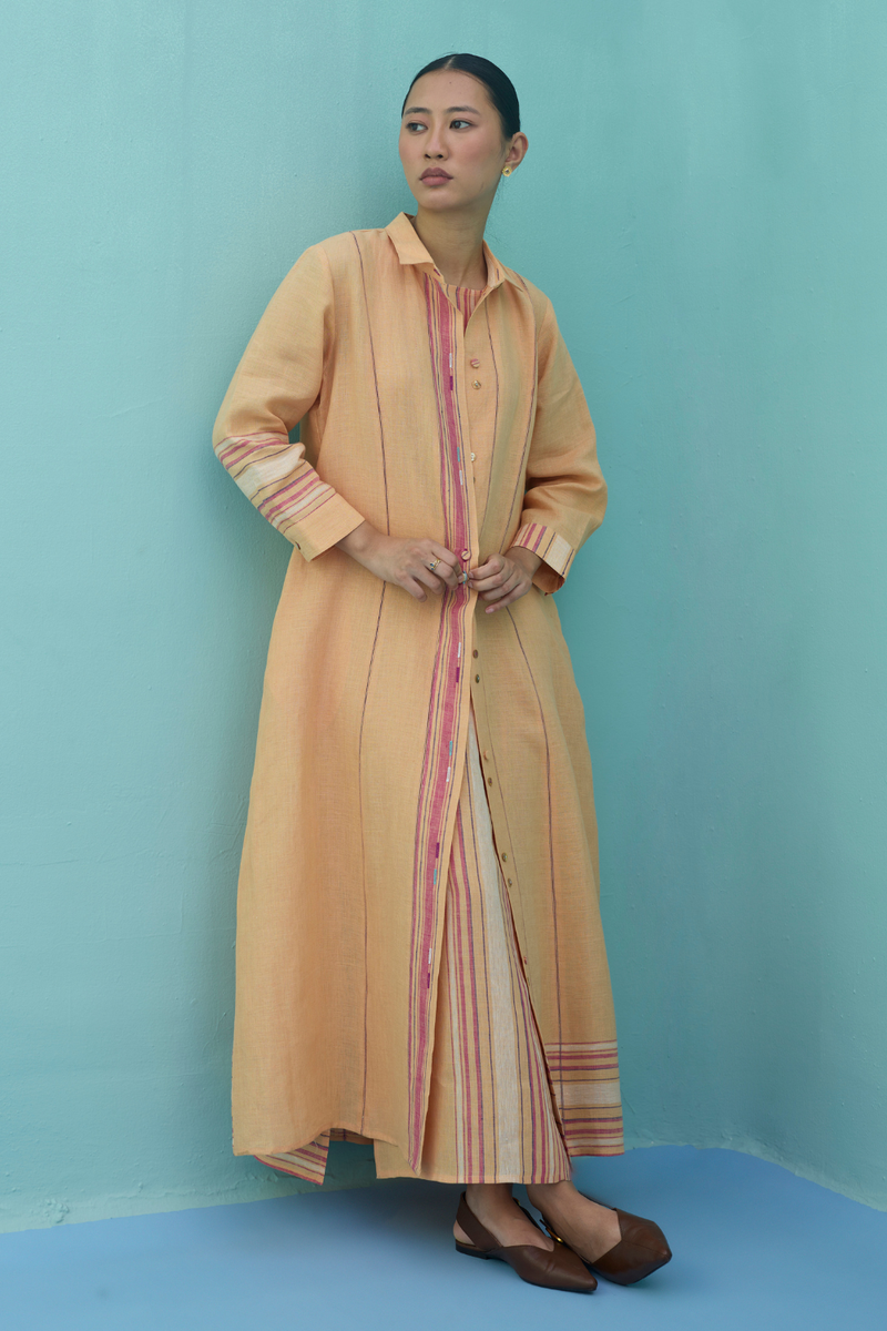 Beli Sleeveless Border Linen Dress with Overlay - Apricot linen dress by Manan in apricot for women Worldwide