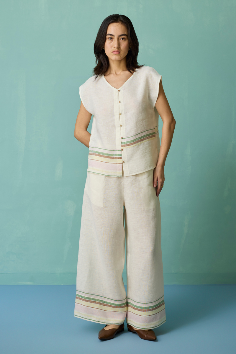 Xora Border Linen Cap-Sleeve Co-ord Set - Ivory linen co-ord set by Manan in ivory for women Worldwide