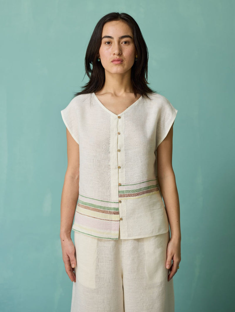 Xora Border Linen Cap-Sleeve Co-ord Set - Ivory linen co-ord set by Manan in ivory for women Worldwide