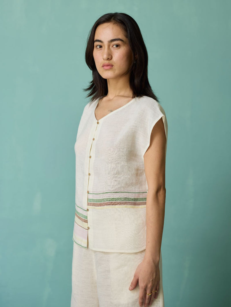 Xora Border Linen Cap-Sleeve Co-ord Set - Ivory linen co-ord set by Manan in ivory for women Worldwide