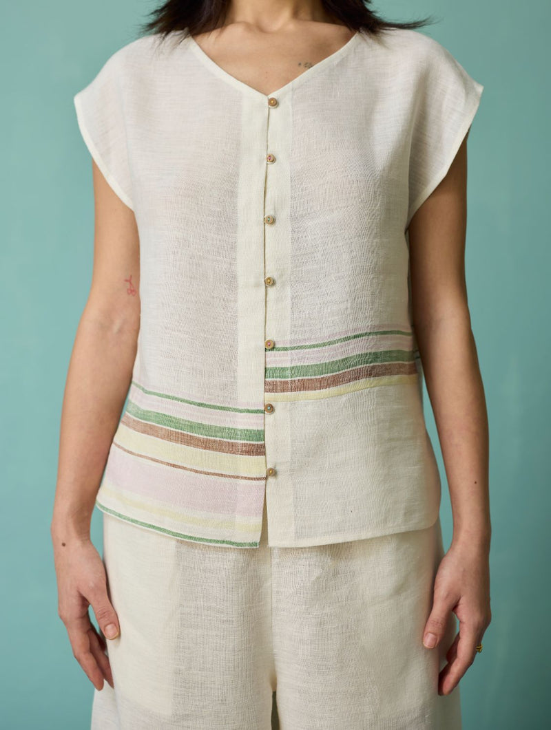 Xora Border Linen Cap-Sleeve Co-ord Set - Ivory linen co-ord set by Manan in ivory for women Worldwide