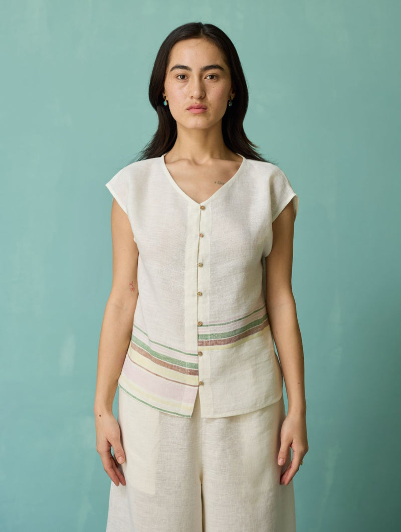 Xora Border Linen Cap-Sleeve Co-ord Set - Ivory linen co-ord set by Manan in ivory for women Worldwide