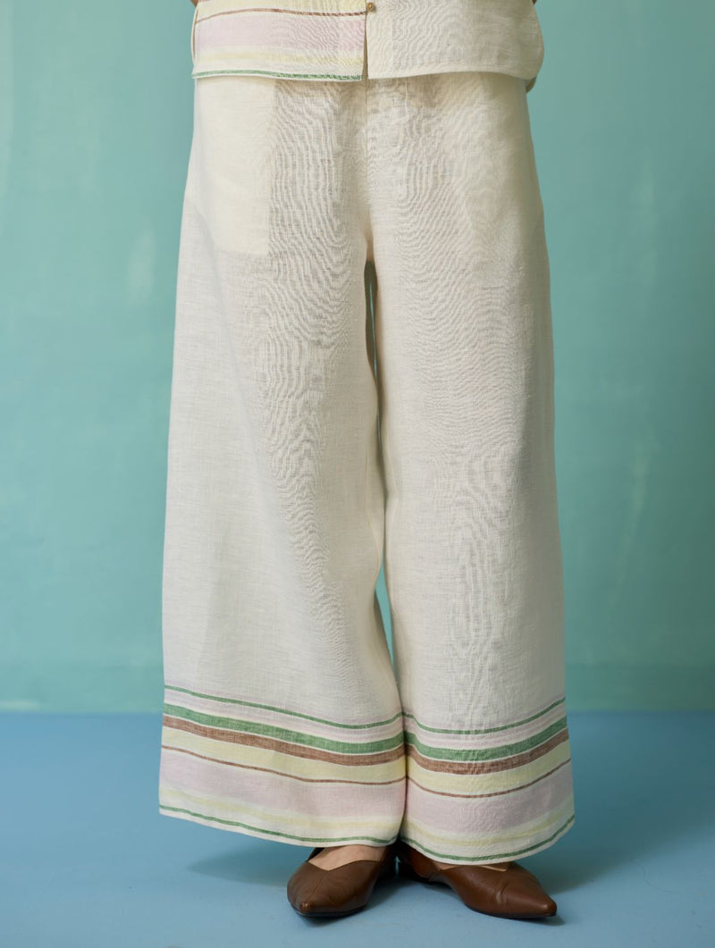 Xora Border Linen Cap-Sleeve Co-ord Set - Ivory linen co-ord set by Manan in ivory for women Worldwide