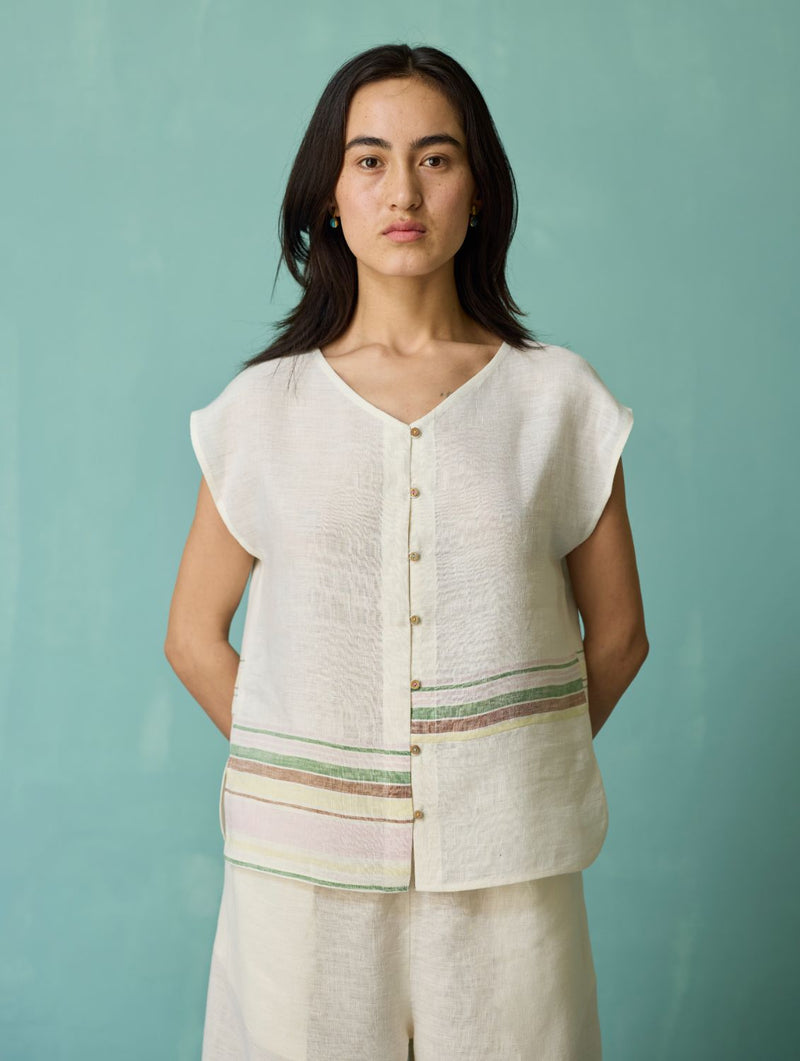 Xora Border Linen Cap-Sleeve Co-ord Set - Ivory linen co-ord set by Manan in ivory for women Worldwide