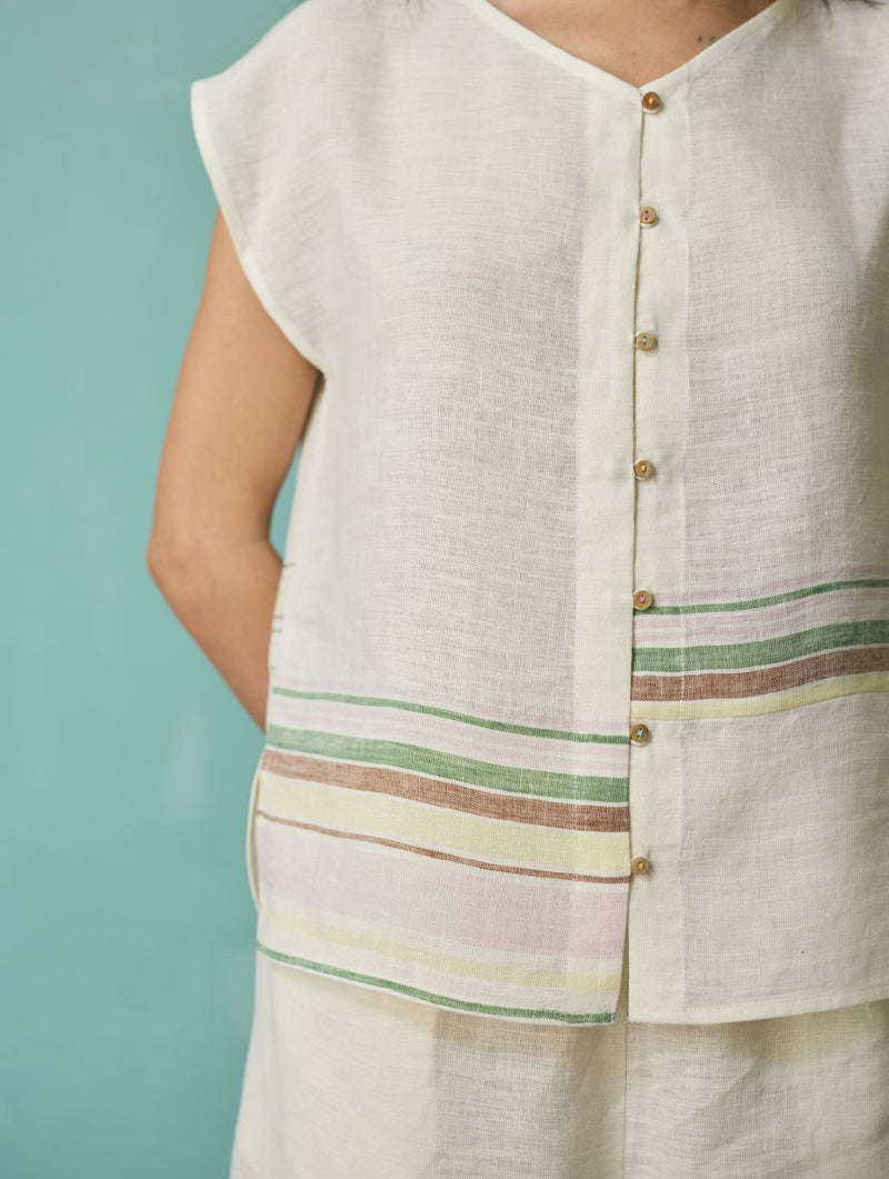 Xora Border Linen Cap-Sleeve Co-ord Set - Ivory linen co-ord set by Manan in ivory for women Worldwide